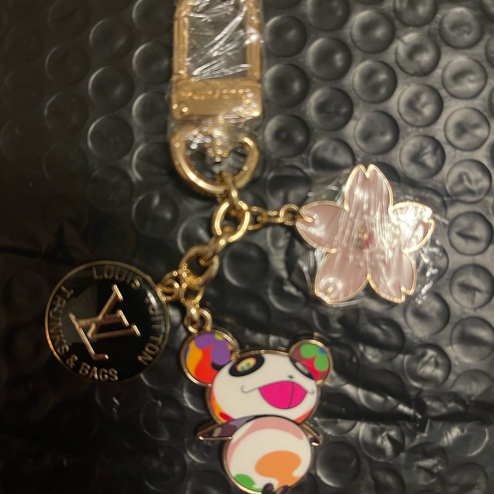 Colorful LV Murikami Upcycled Panda Pink Flower  Trunks Bag Charm Keychain
